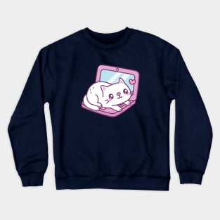 Cute White Cat Resting On Laptop Crewneck Sweatshirt